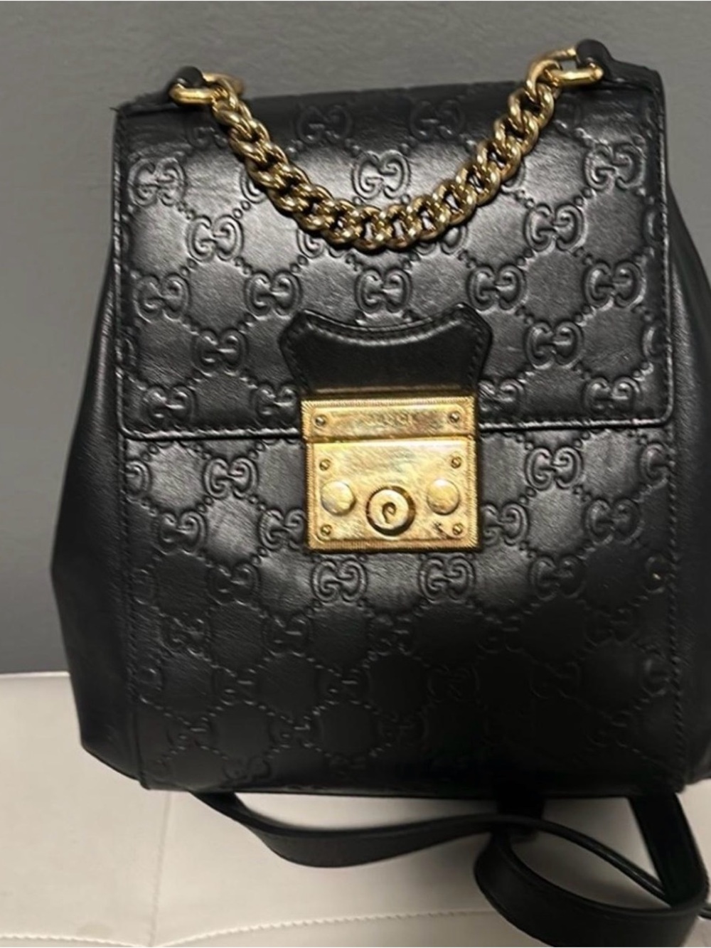Gucci Black Embossed Leather Backpack with Gold Chain & Lock